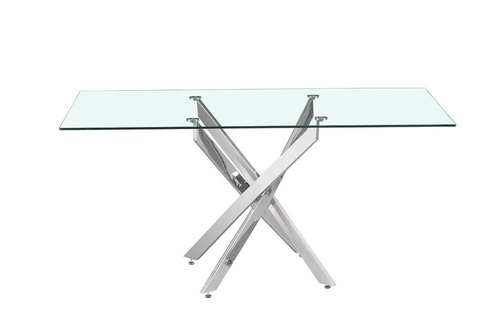 Tafel 'Lasi' 160 cm met glazen blad en metalen chroom poten, strak design, geschikt voor moderne interieurs.