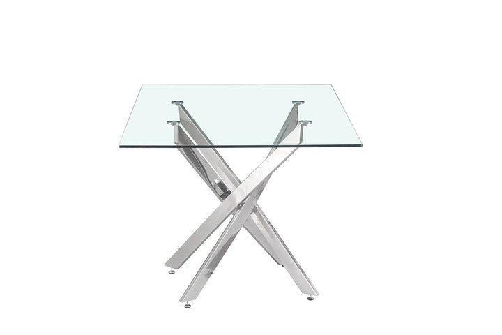 Tafel 'Lasi' 160 cm met glazen blad en metalen chroom poten, elegante en moderne uitstraling, geschikt voor diverse interieurstijlen.