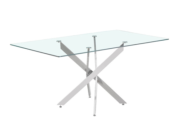 Tafel 'Lasi' 160 cm met glazen blad en zilverkleurige chromen poten. Moderne uitstraling met metalen basis, geschikt voor eigentijdse interieurs.