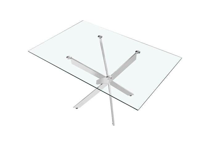 Glazen tafel 'Lasi' 160 cm met metalen chroom poten.