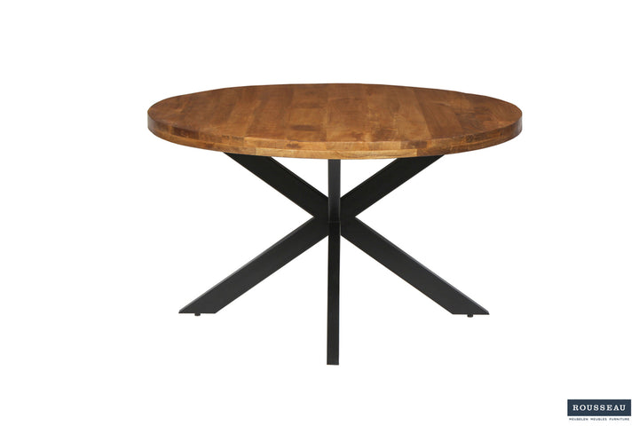 Ronde houten tafel 'Maria' met zwarte metalen poten, 130 cm, gemaakt van exotisch mangohout. Perfect voor elke woonruimte.