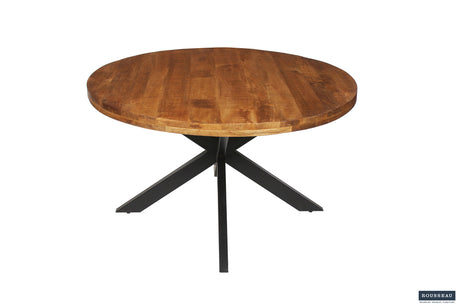 Ronde tafel 'Maria' van 130 cm met zwart metalen poten en exotisch mangohouten blad, perfect voor elke woonruimte.