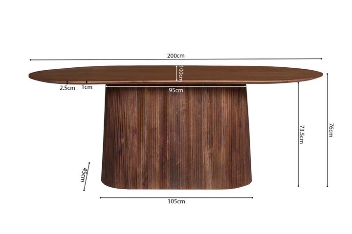 Tafel 'Miguel' 200 cm ovaal, massief mango hout. Afbeelding toont de tafel met hoogte- en lengtematen op een houten achtergrond.