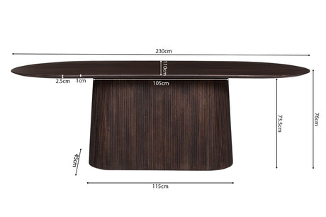 Tafel 'Miguel' 230 cm ovaal, massief mango hout, donkerbruin, met meetgegevens en close-up van houtoppervlak.