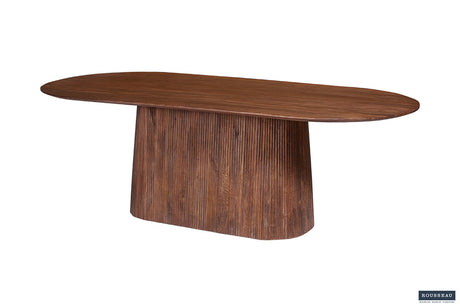 Tafel 'Miguel' 230 cm, ovaal, massief mango hout, lichtbruin. Close-up van houten oppervlak, benadrukt de robuuste structuur en vakmanschap van het meubelstuk.