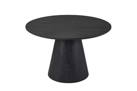 Tafel 'Miklos' 120 cm Rond Decor Donkerbruin, een zwarte ronde tafel gemaakt van MDF met 3D papier, geschikt als stijlvol meubelstuk.
