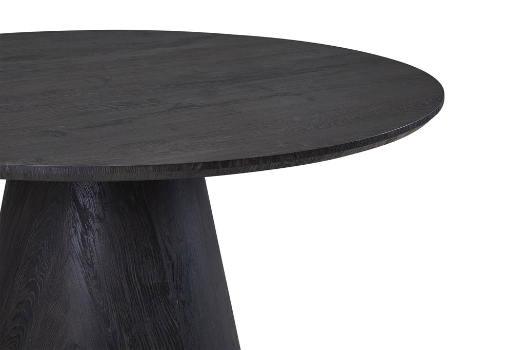 Ronde tafel 'Miklos' 120 cm, donkerbruin, met een gladde MDF-structuur en 3D-papier afwerking, close-up van het tafelblad.