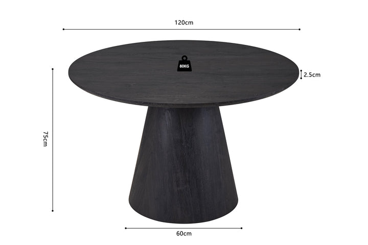 Ronde tafel 'Miklos' 120 cm, donkerbruin decor. Zwarte ronde tafel met zwart gewicht bovenop, structuur MDF mat, top 25 mm MDF met 3D-papier.