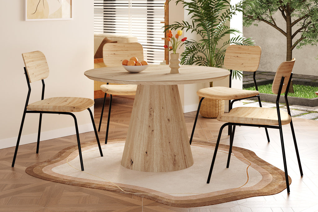 Ronde tafel 'Tigo' 120 cm met MDF-blad en oud eik decor, omringd door stoelen, met een schaal sinaasappels en bloemenvaas erop.