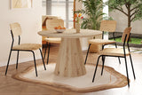 Ronde tafel 'Tigo' 120 cm met MDF-blad en oud eik decor, omringd door stoelen, met een schaal sinaasappels en bloemenvaas erop.
