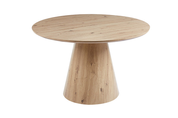 Ronde houten tafel 'Tigo', 120 cm, MDF blad met papieren decor, oud eik uitstraling, geschikt voor moderne interieurs.