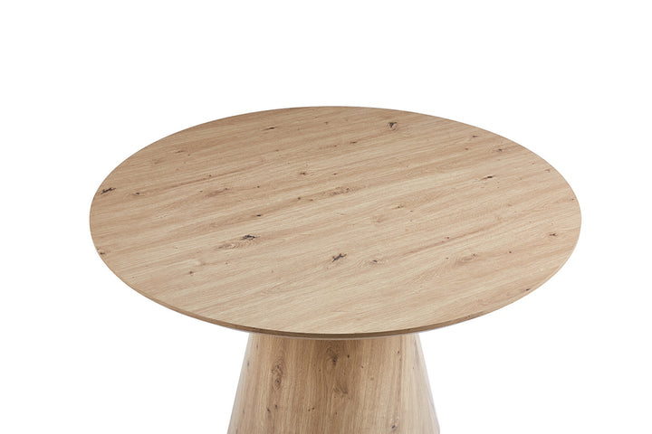 Ronde houten tafel 'Tigo' 120 cm met MDF-structuur en papierdecor, oud eiken look, getoond op een witte achtergrond.