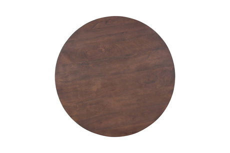Ronde tafel 'Tommy' van 130 cm met een metalen structuur en een exotisch mangohouten blad, weergegeven tegen een witte achtergrond.