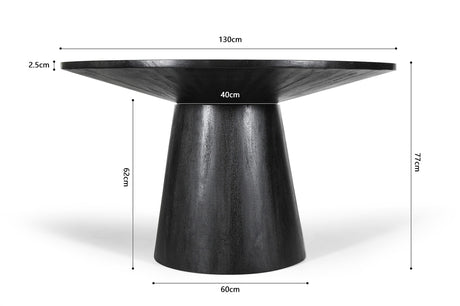 Ronde tafel 'Tommy' 130 cm, zwart mango hout, met metalen structuur. Te zien met hoogte van 40 cm en cilindervormige kruk.
