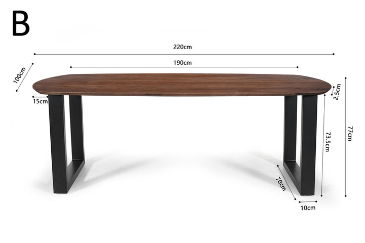 Tafel 'Tommy' 220x100 cm met Deens ovaal ontwerp en U-vormige poten, gemaakt van exotisch mango hout, geschikt voor elke ruimte.