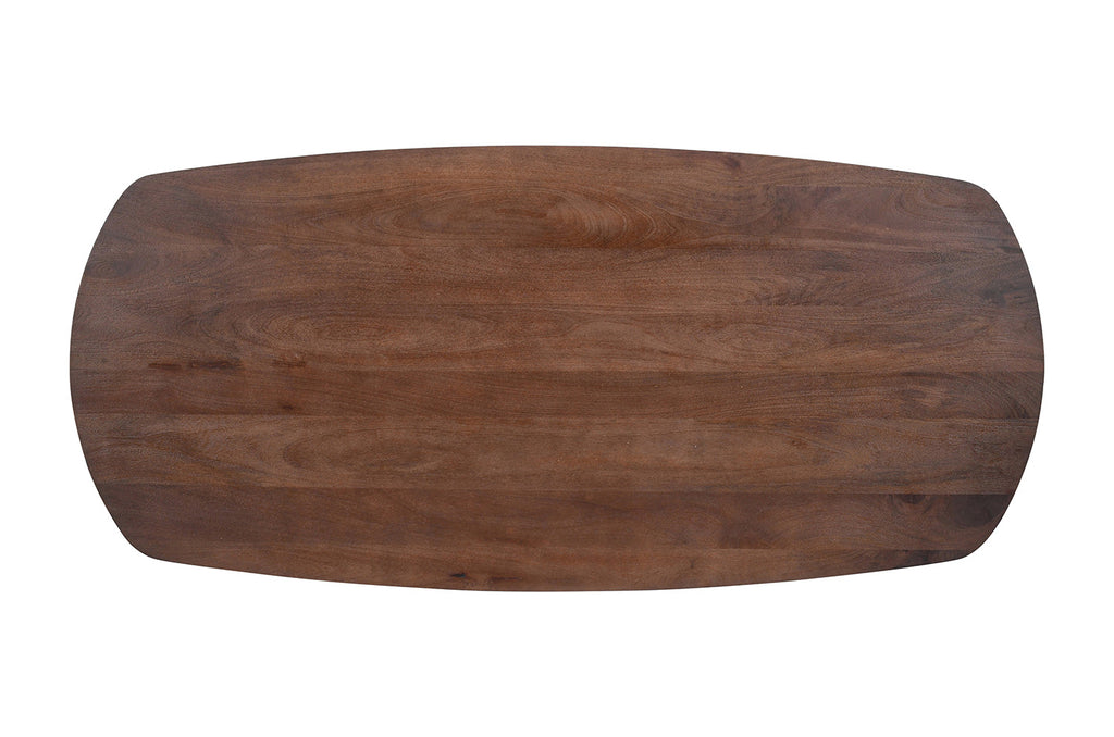 Tafel 'Tommy' 220x100 cm met Deens ovaal ontwerp en U-poot, gemaakt van exotisch mango hout, zichtbaar in close-up op een houten oppervlak.