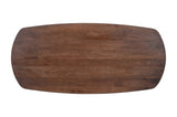 Tafel 'Tommy' 220x100 cm met Deens ovaal ontwerp en U-poot, gemaakt van exotisch mango hout, zichtbaar in close-up op een houten oppervlak.