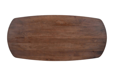 Tafel 'Tommy' 220x100 cm met Deens ovaal ontwerp en U-poot, gemaakt van exotisch mango hout, zichtbaar in close-up op een houten oppervlak.