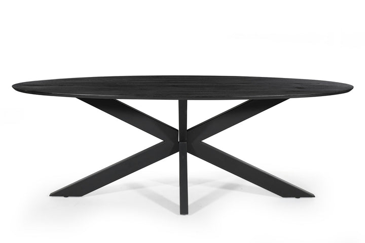 Tafel 'Tommy' 220x100 cm, ovaal ontwerp met zwart metalen spider-poot en exotisch mango houten blad.