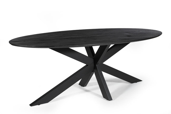 Tafel 'Tommy' 220x100 cm, ovaal met zwart mango houten blad en metalen spider-poot.