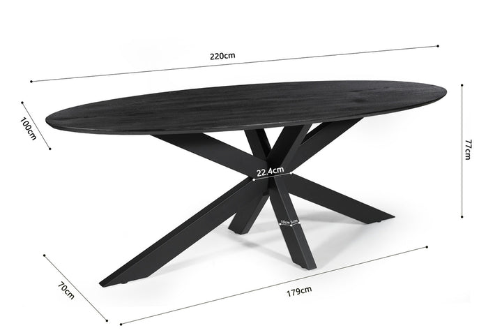 Tafel 'Tommy' 220x100 cm Ovaal met metalen spider-poot en exotisch mango houten blad, zwart.