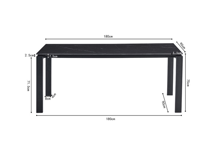 Tafel 'Zeus' 180 cm Rechthoekig met zwart stenen blad en metalen structuur, ontworpen met strakke lijnen en minimalistisch design.