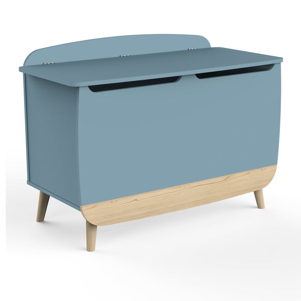 Opbergkist Firmiana Blauw, een stijlvolle houten opbergbox met opklapdeur, ideaal voor kinderkamer, woonkamer of keuken. Gemaakt van gelakt MDF, vereist montage.