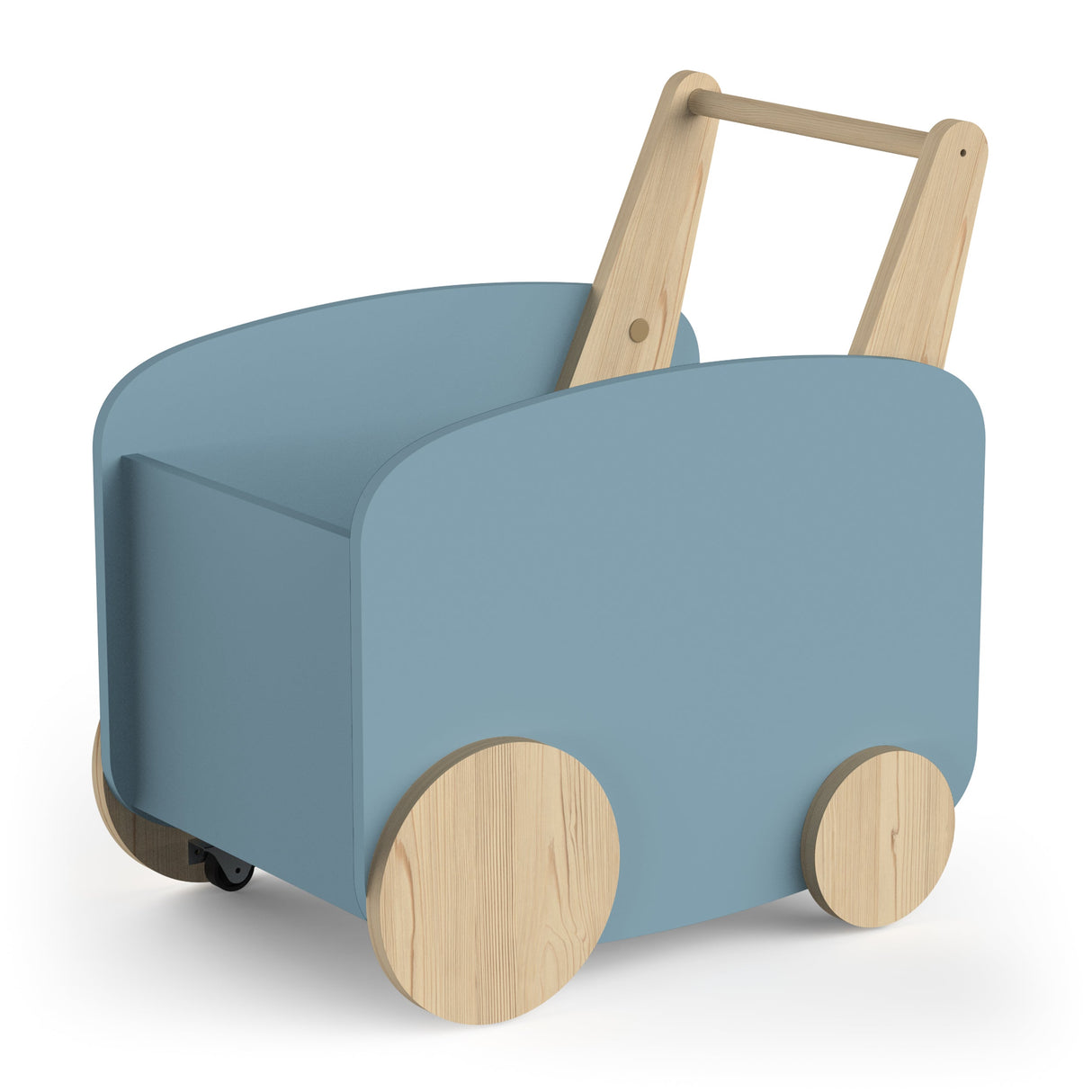 Opbergkist op wielen Firmiana Blauw, een blauwe speelgoedopbergbox met houten wielen en handgreep, ideaal voor het georganiseerd opbergen van kinderspeelgoed.