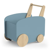 Opbergkist op wielen Firmiana Blauw, een blauwe speelgoedopbergbox met houten wielen en handgreep, ideaal voor het georganiseerd opbergen van kinderspeelgoed.