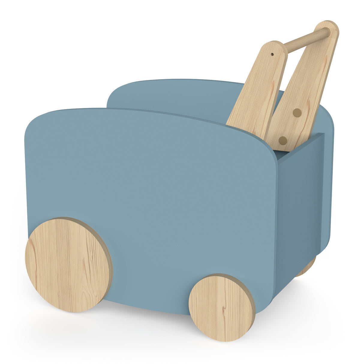 Opbergkist op wielen Firmiana Blauw, een moderne speelgoedopbergbox met houten handgrepen en wielen, biedt praktische opslag voor speelgoed en meer.