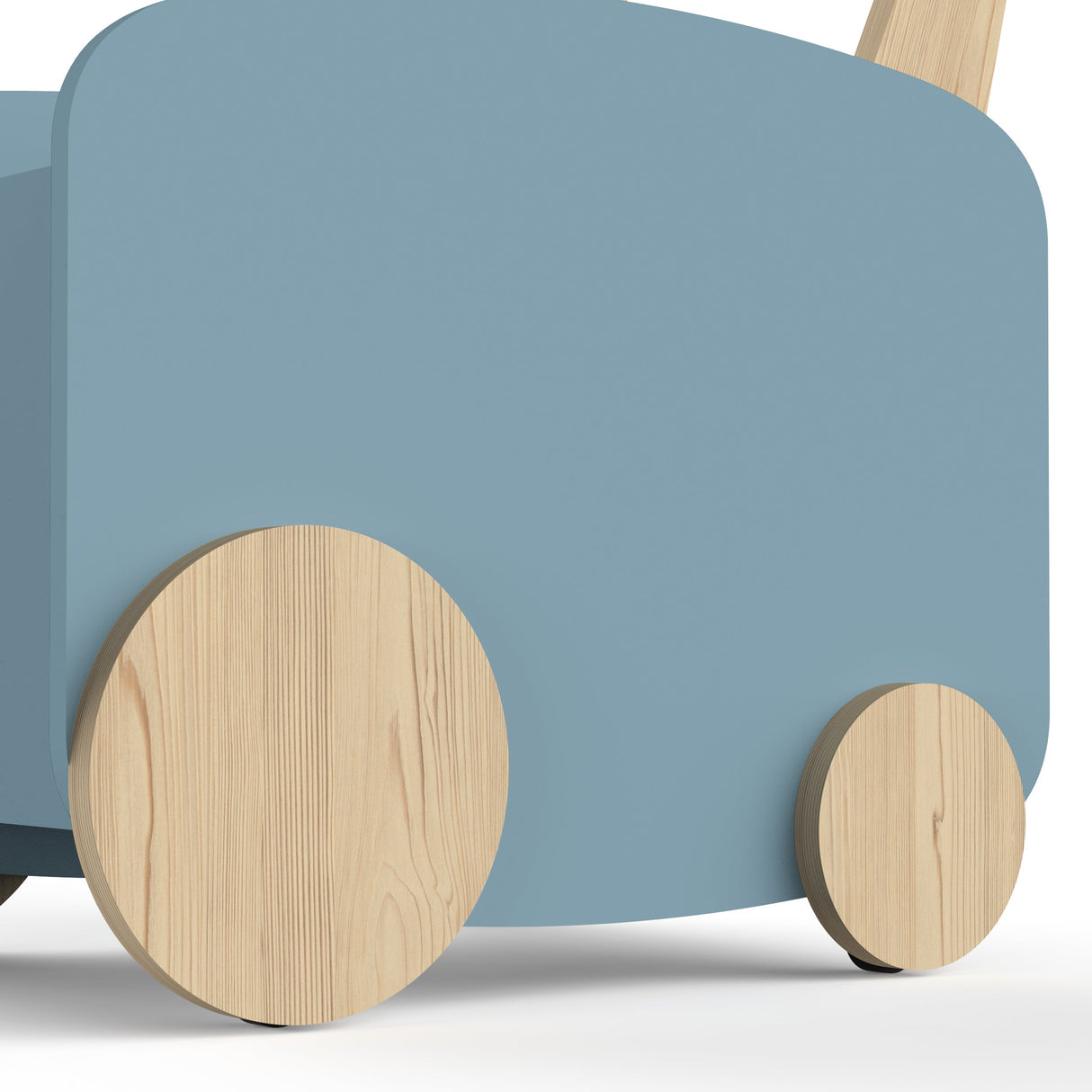 Opbergkist op wielen Firmiana Blauw, een moderne speelgoedbox met houten wielen, biedt ruime opslag en eenvoudig vervoer dankzij de handige handgreep.