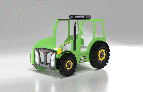 Kinderbed Tractor 204×111 – Groen, speelgoedtractorvormig bed met zwarte wielen en gele accenten, perfect voor kinderen, inclusief matras, ideaal voor droomavonturen.