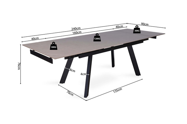 Uitschuifbare tafel 'Hera' 160-240 cm, rechthoekig met metalen structuur en stenen blad, weergegeven met afmetingen en ontwerpdetails.