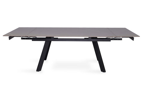 Uitschuifbare tafel 'Hera' met metalen structuur en stenen blad, rechthoekig, zichtbaar met zwarte rechthoekige elementen op een witte achtergrond.