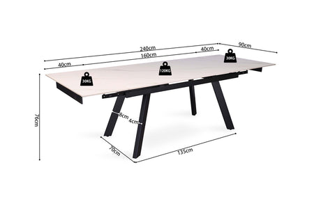 Uitschuifbare tafel 'Hera' 160-240 cm, rechthoekig met metalen structuur en stenen blad, afgebeeld met hoogte- en maatindicaties.