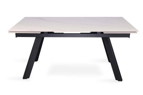 Uitschuifbare tafel 'Hera' 160-240 cm, rechthoekig met wit stenen blad en zwarte metalen poten, ideaal voor moderne interieurs.
