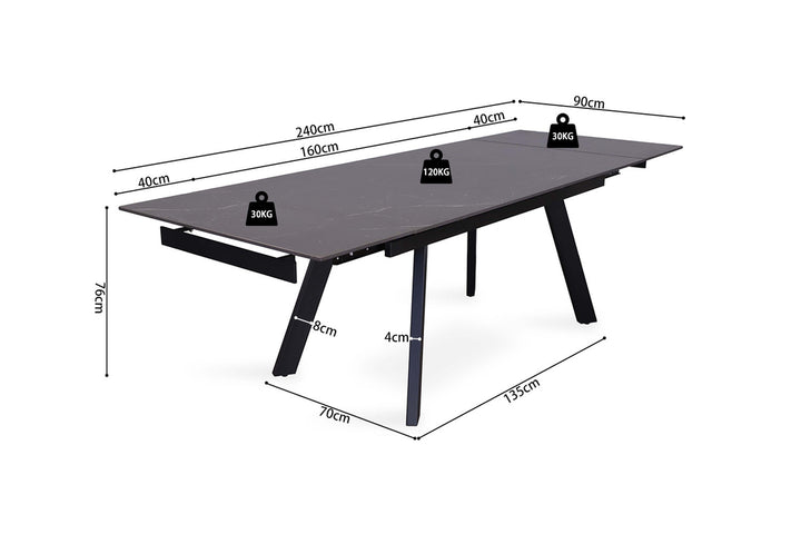 Uitschuifbare tafel 'Hera' 160-240 cm rechthoekig, met metaalstructuur en stenen blad, getoond met gewichten en meetinstrumenten erop.