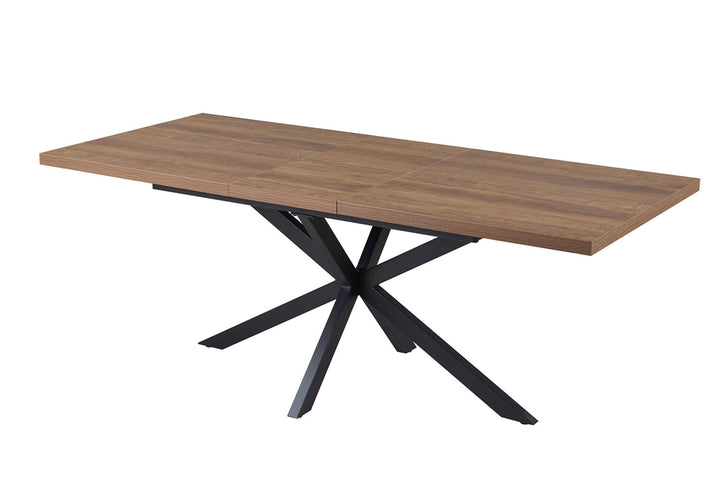 Uitschuifbare tafel 'Kos' 160-200 cm, donkerbruin, met stevige zwarte basis en MDF-structuur. Dikkere tafelblad van 40 mm biedt veelzijdigheid en elegantie.