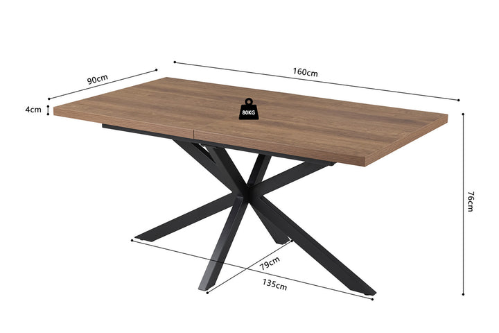 Uitschuifbare tafel 'Kos' 160-200 cm, donkerbruin, met MDF-structuur en 3D-papier, toont gemeten afmetingen en gewicht, ideaal voor flexibele woonruimtes.