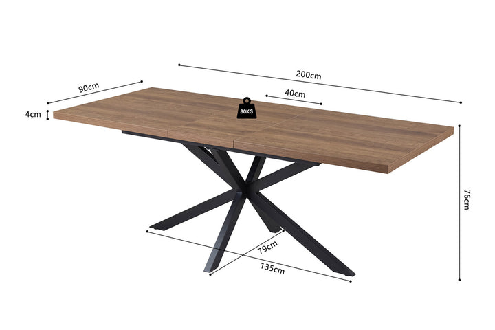 Uitschuifbare tafel 'Kos' 160-200 cm, donkerbruin. Tafel met MDF-structuur en 40 mm top, weergegeven met afmetingen en gewichten. Geschikt voor diverse interieurstijlen.