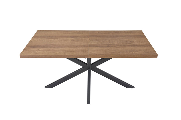 Uitschuifbare tafel 'Kos' 160-200 cm Donkerbruin met metalen basis en houten oppervlak, geschikt voor veelzijdig gebruik in verschillende woonruimtes.