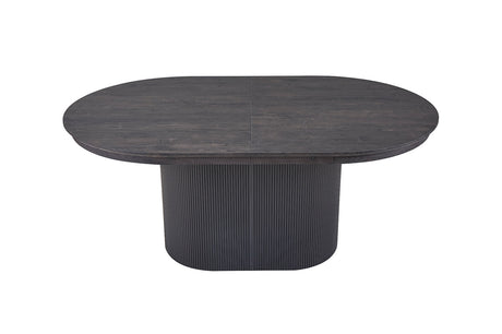 Uitschuifbare tafel 'Lagos' 180-220 cm Ovaal Decor Donkerbruin, met zwart onderstel en MDF-structuur, biedt een uitbreidbare en stijlvolle eetoplossing.