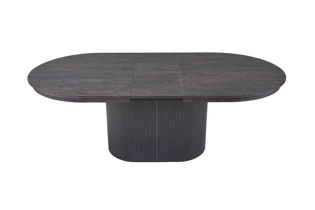 Uitschuifbare tafel 'Lagos' 180-220 cm Ovaal Decor Donkerbruin, met een zwart metalen onderstel en een donkerbruin houten oppervlak, ideaal voor moderne interieurs.