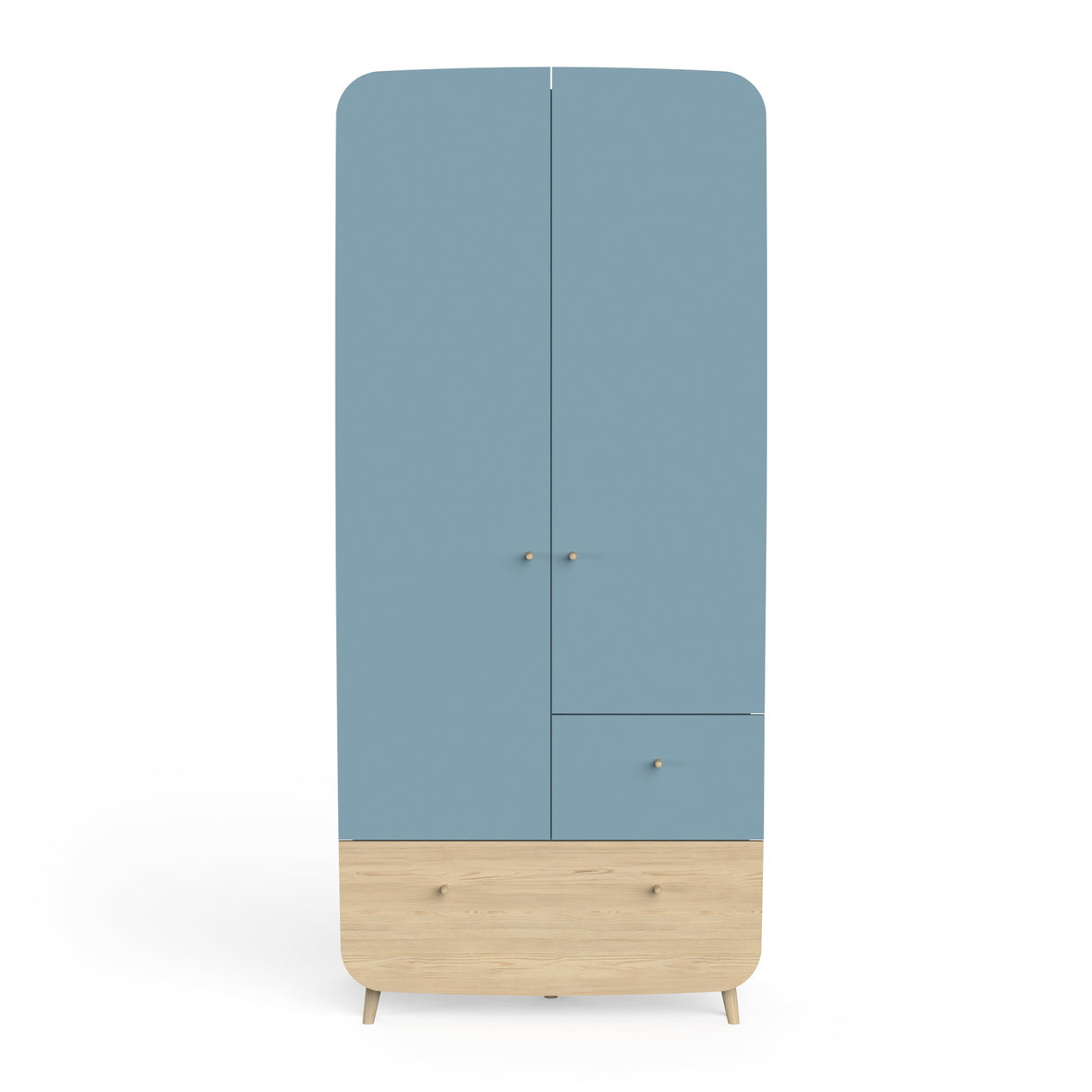 Kledingkast Firmiana Blauw: een moderne kinderkamerkast met blauwe deuren, lades en houtaccenten, ideaal voor opbergen en speelplezier in elke kinderkamer.