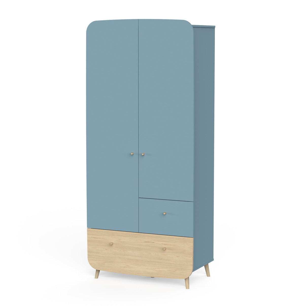 Kledingkast Firmiana Blauw met twee deuren en lades, perfect voor de kinderkamer, biedt ruime opbergruimte en een speelse, moderne uitstraling.