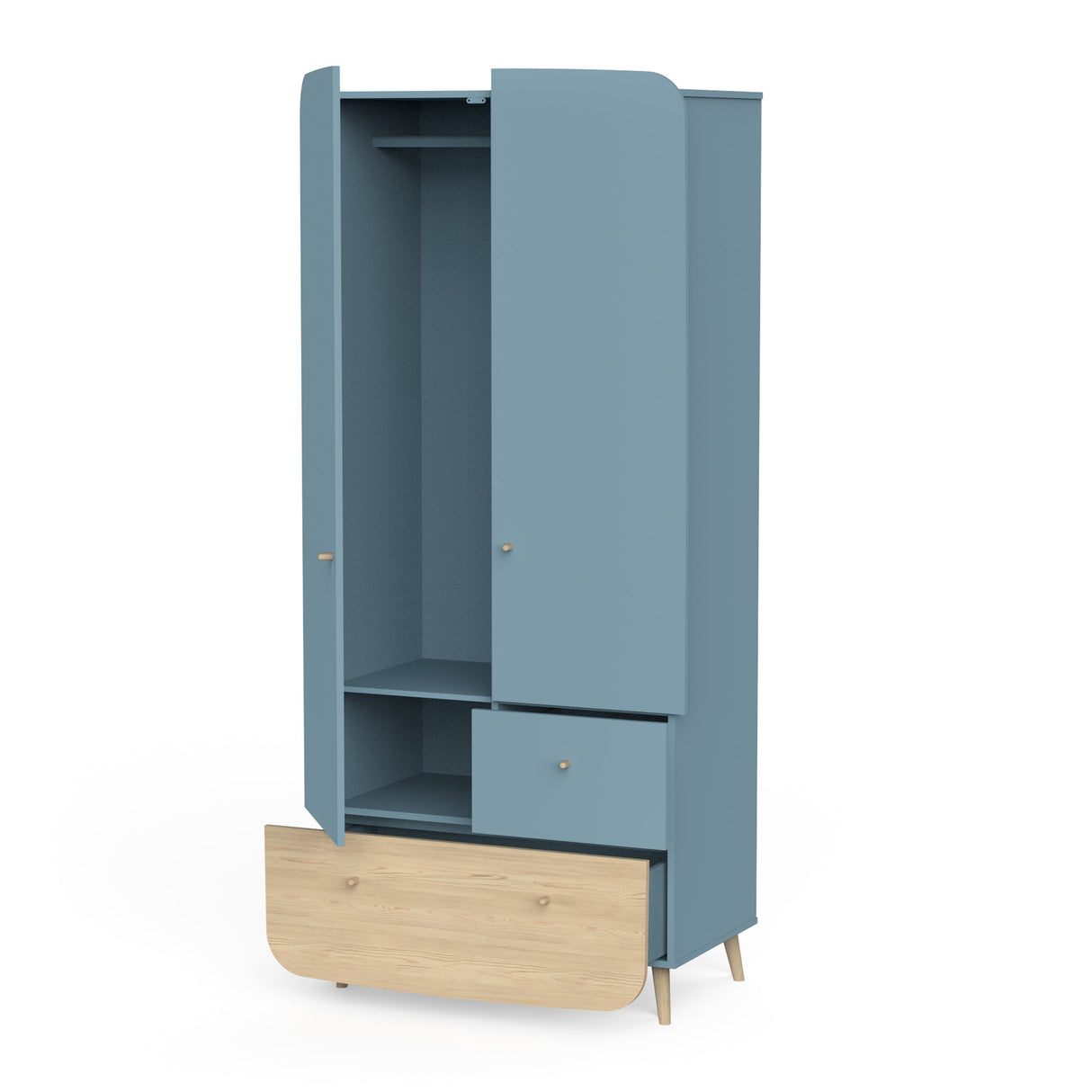 Kledingkast Firmiana Blauw, moderne blauwe kinderkast met functionele lades en compartimenten voor georganiseerde opslag, perfect voor avontuurlijke kinderkamers.